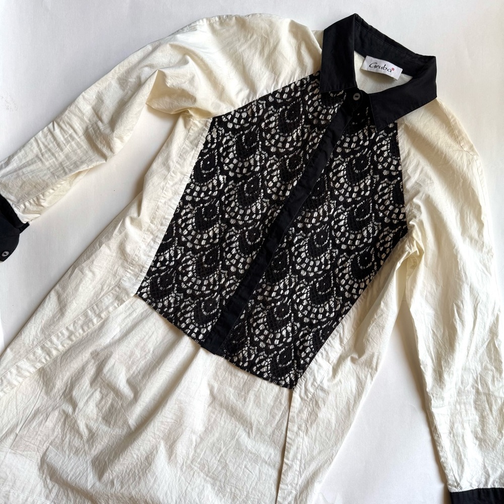 White High-Low Button Up With Black Lace Panel